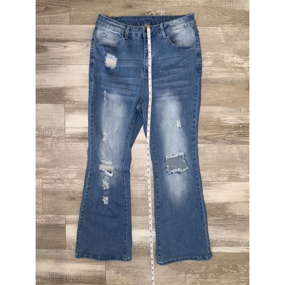 Women's Plus Size 0XL Distressed Flare Jeans Blue Stretch High Rise Denim - Picture 10 of 12